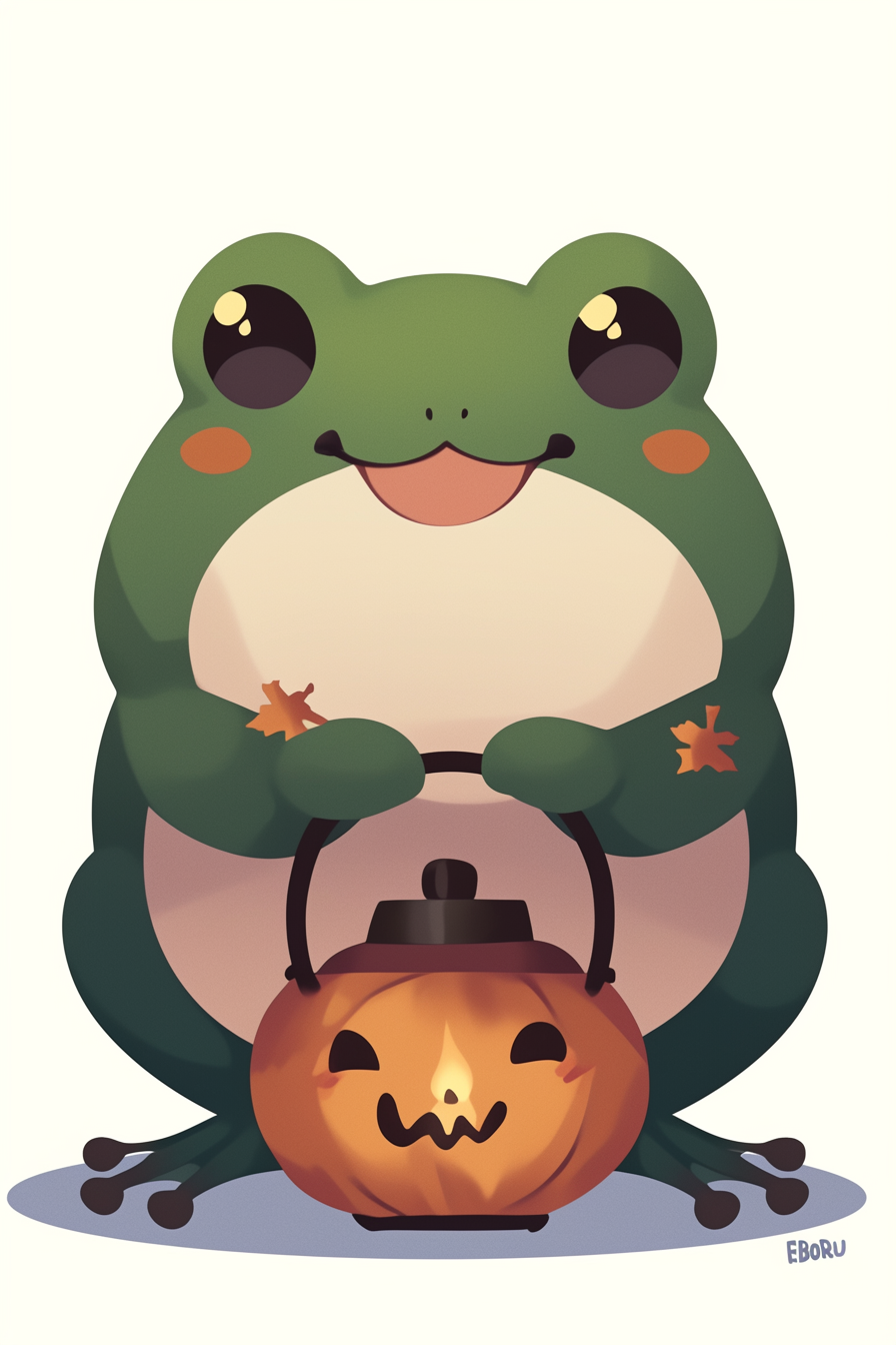 Halloween frog drawing ideas 2 featuring a cute frog holding a pumpkin lantern with a cheerful expression.